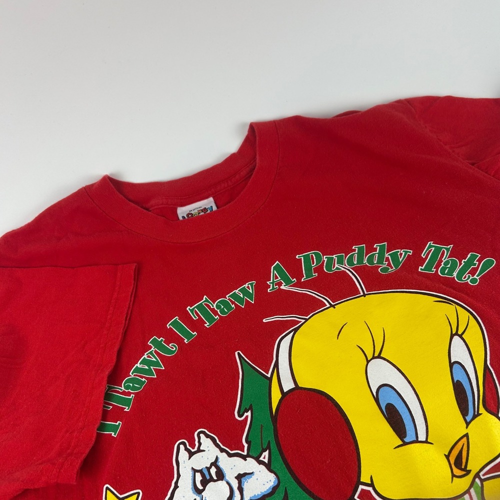 Looney Tunes One Size VTG 90s Puddy Tat Tweety Bird Christmas T-Shirt Red
